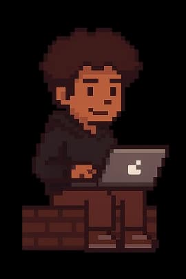 Pixel avatar of a developer sitting on bricks, working on a Laptop